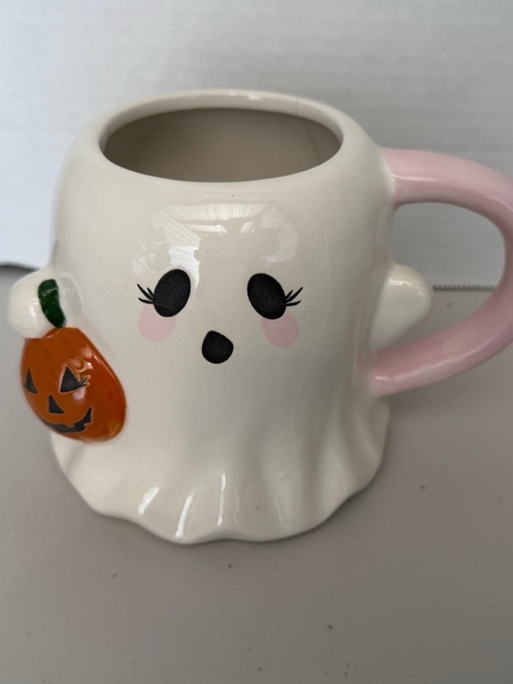 Cute Ghost Ceramic Mug with Pink Handle and Pumpkin Accent